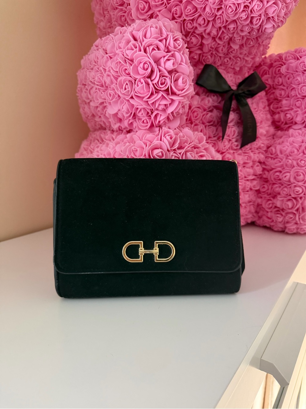 Black Suede Crossbody Bag with Gold Hardware